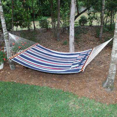 SMART GARDEN® Santorini Hammock - Premium double size reversible hammock makes relaxing a breeze! Red with reversible navy stripe, this sturdy hammock features hardwood spreader bars with hand oiled finish.  80” long with quilted poly-cotton fabric, pillow included and rust proof zinc plated rings and hardware.
